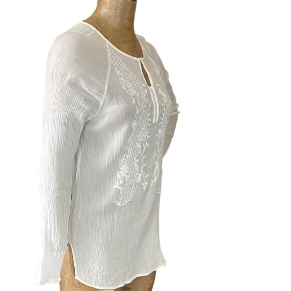 Chico's Cotton Gauze Embroidered BOHO Peasant White Noise Top Sz 1 (M/8) #283B - Picture 4 of 9